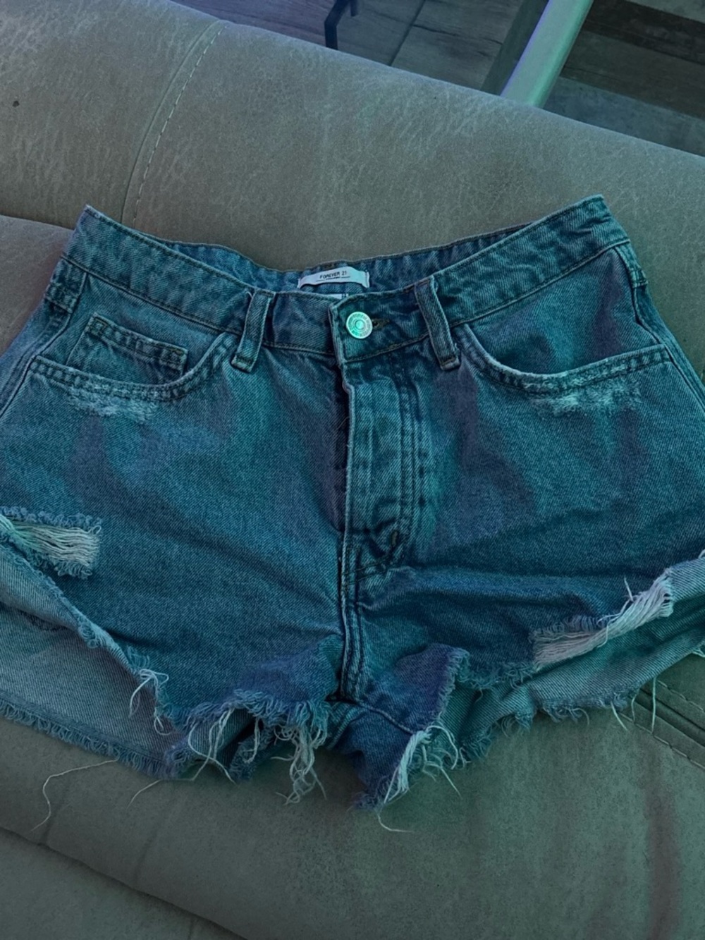 Forever 21 Teal-Blue Distressed Denim Shorts